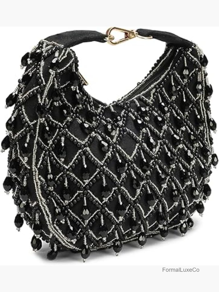 Beaded Hobo Clutch Bag Crystal Embellished Evening Purse 8x6.5